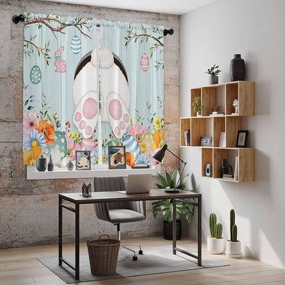 Easter Bunny Window Curtains 63 Inch Long 2 Panel Set,Rod Pocket Bedroom Curtains & Drapes,Easter Eggs Spring Farmhouse Wood Grain Teal Blue Light Filtering Window Treatment 42"W x 63"L