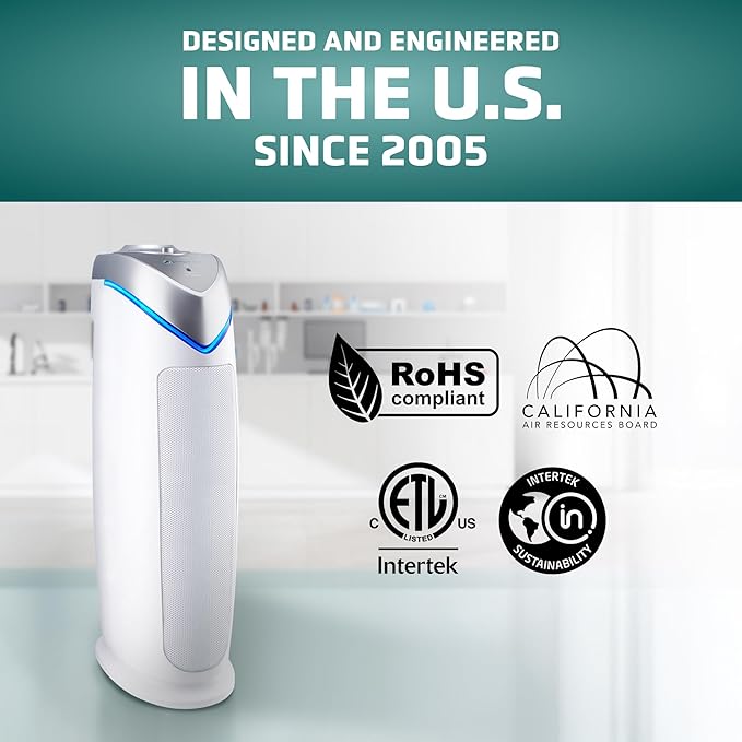 GermGuardian Air Purifier for Home with HEPA Pure Filter, for Wildfire Smoke, Pet Dander, Pollen, Odors, Large Rooms - 743 Sq. Ft., Removes 99.97% Pollutants, UV-C Light, 22", AC4825W, White