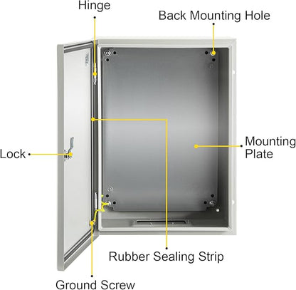 VEVOR NEMA Steel Enclosure, 16 x 12 x 8'' NEMA 4X Steel Electrical Box, IP66 Waterproof & Dustproof, Outdoor/Indoor Electrical Junction Box, with Mounting Plate