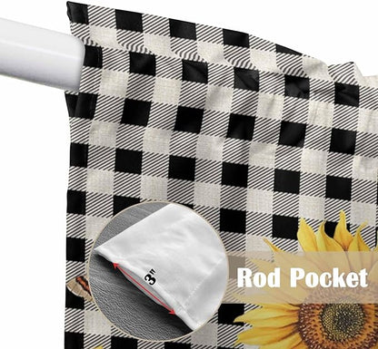 Sunflowers Swag Valances for Windows, Yellow Flowers Butterfly Farmhouse Black Plaid Rod Pocket Kitchen Curtains Valance, Small Window Curtains Swag for Cafe Bathroom Living Room, 2 Panels, 28x36 inch