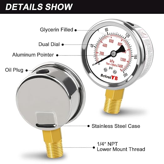 0-200 Psi 2-Inch Waterproof Pressure Gauge, Liquid-Filled, 1/4" NPT Lower Mount, Stainless Steel, Pressure Gauge for Water Pumps, Oil Systems, Pneumatic Air, and Pool Sand Filters
