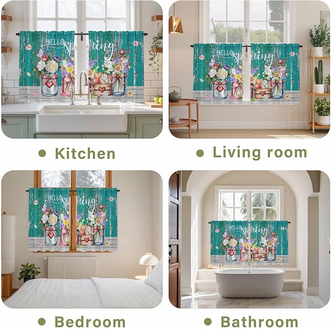 Spring Flowers Kitchen Curtains, Farmhouse Watercolor Teal Wood Grain Light Filtering Window Curtain Panels, 2Pcs Rod Pocket Window Treatments Set for Study Room Bathroom Bedroom 52x54 Inches