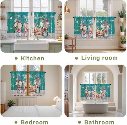 Spring Flowers Kitchen Curtains, Farmhouse Watercolor Teal Wood Grain Light Filtering Window Curtain Panels, 2Pcs Rod Pocket Window Treatments Set for Study Room Bathroom Bedroom 52x54 Inches