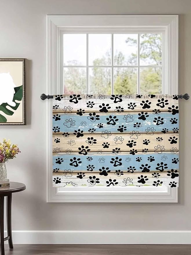 Sheer Curtains 54 Inch Length, Blue Beige Paw Print Semi Sheer Curtains Light Filtering Window Treatment, Vintage Farmhouse Rustic Wooden Grain Privacy Voile Drapes for Living Room Bedroom 52x54 Inch