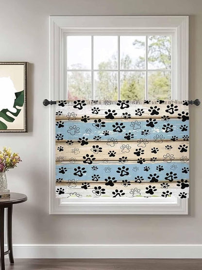 Sheer Curtains 54 Inch Length, Blue Beige Paw Print Semi Sheer Curtains Light Filtering Window Treatment, Vintage Farmhouse Rustic Wooden Grain Privacy Voile Drapes for Living Room Bedroom 52x54 Inch