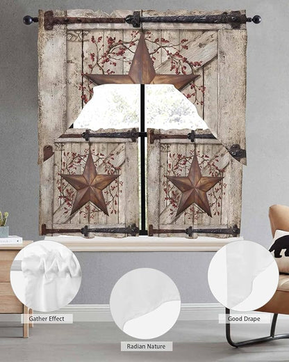 Country Star Swag Kitchen Curtains Valance and Tier Set, VintageRust Yellow Star Berry Beige Barn Gate Light-Filtering Swag Valance 36 Inch Length, Rod Pocket Short Curtain for Bedroom Cafe