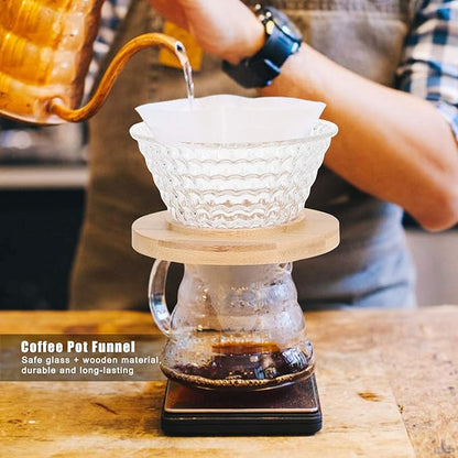 AUNMAS Glass Coffee Dripper Pour Over, Reusable Paperless Filter Funnel with Wood Base, Single Cup Coffee Maker Brewer Accessories (Transparent)