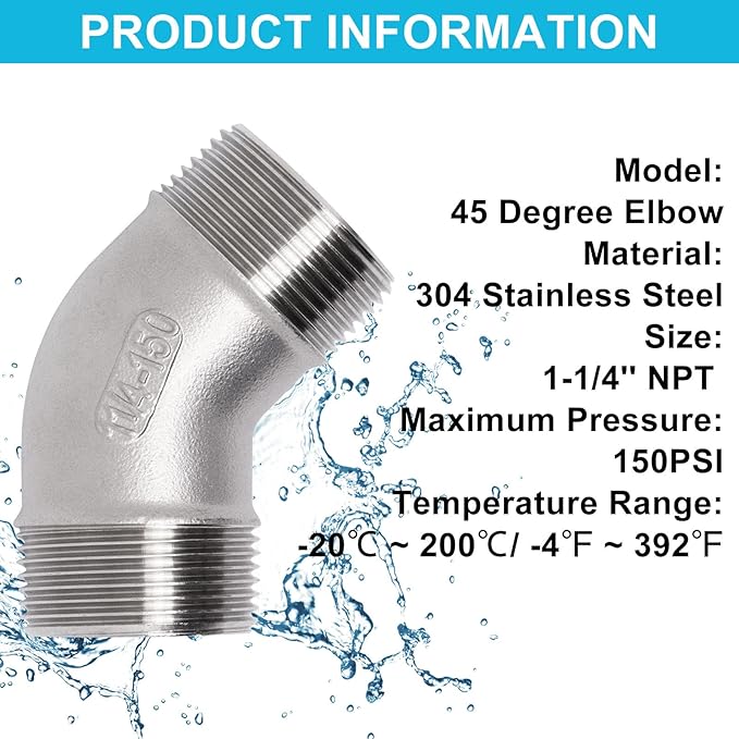 45 Degree Elbow 1PCS, 1-1/4" NPT Male X 1-1/4" NPT Male 304 Stainless Steel Pipe Fitting, Connector Coupler Apply to Outdoor Garden Industrial