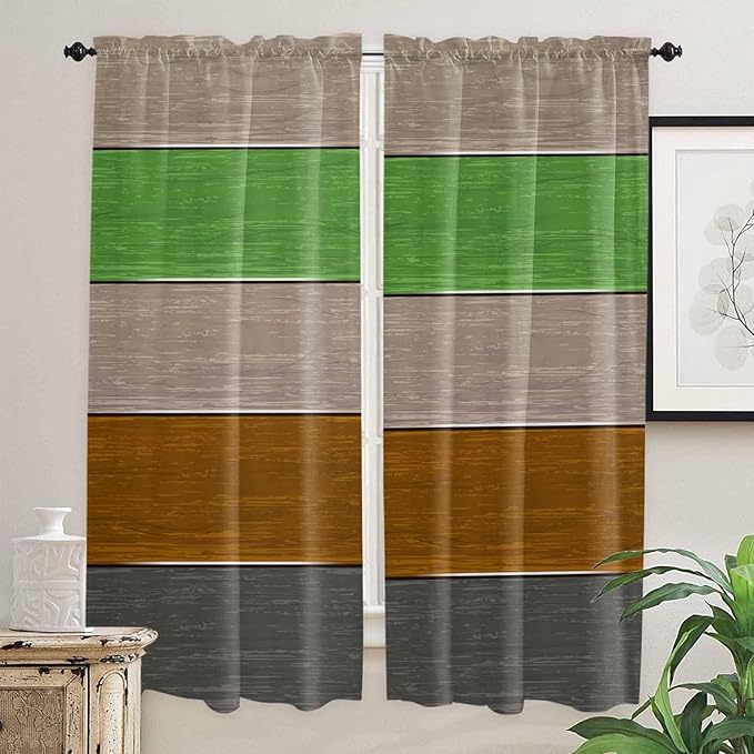 Farm Gray Green Brown Wood Grain Window Valance Curtains, Rustic Wooden Plank Light Filtering Kitchen Valance with 3-inch Rod Pocket for Living Room Bathroom Bedroom,2 Panel,52x72In