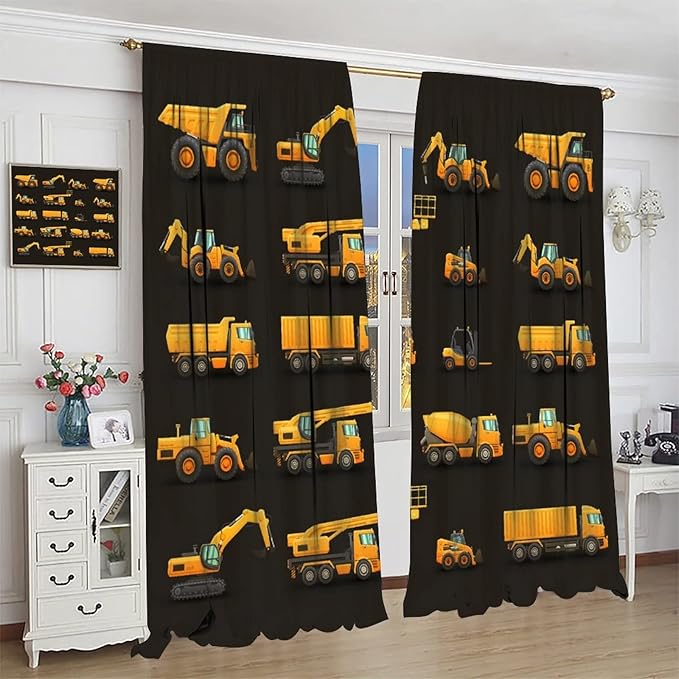 Kids Construction Window Curtains, Construction Machinery Equipment Mode of Transport Bulldozer Tractor Windows Curtain for Children Teens Room Decor 63x63in (30% Blackout)