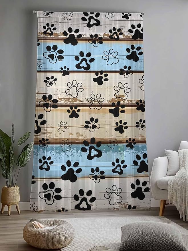 Sheer Curtains 108 Inches Long, Blue Brown Paw Prints Semi Sheer Curtains Light Filtering Window Treatment, Vintage Farmhouse Rustic Wooden Grain Privacy Voile Drapes for Living Room 52x108 Inch