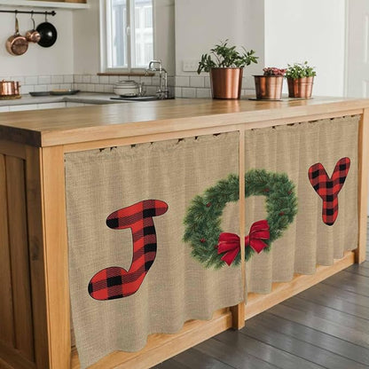 Red Green Christmas Kitchen Tier Curtains 24 Inch Long 2 Panel Set,Rod Pocket Cafe Small Window Curtains Over Sink,Xmas Botanical Winter Farmhouse Short Drapes for Bathroom Cabinet 27.5"W x 24"L