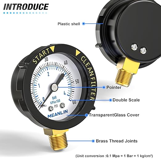 MEANLIN MEASURE 0~60Psi Plastic Frame 1/4" NPT Start and Clean Filter Pressure Gauge, Suitable for Swimming Pool, spa, Aquarium, Lower Mount