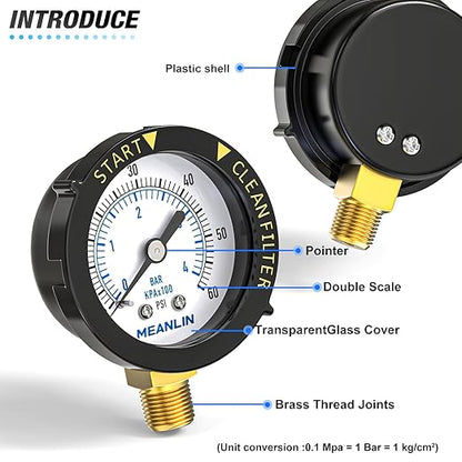 MEANLIN MEASURE 0~60Psi Plastic Frame 1/4" NPT Start and Clean Filter Pressure Gauge, Suitable for Swimming Pool, Spa, Aquarium (0-60Psi/0-4BAR/KIT, Lower Mount)