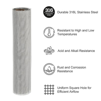 PATIKIL 40" L x 10" W Woven Wire Mesh, 40 Mesh 316L Stainless Steel Air Vent Filter Screen for Window Security Vent Cover Filtration Animals Fence