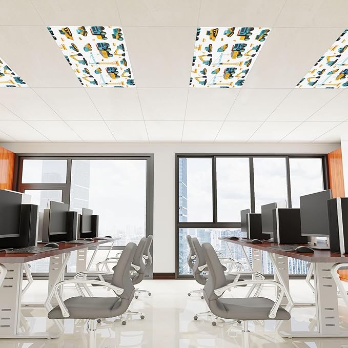 6 Pcs Fluorescent Light Covers for Ceiling Lights Seamless Construction Vehicles Cranes Excavators Trucks Bulldozers Decorative Magnets Light Filters for Office Home Classroom Must Haves 4’ x 2’