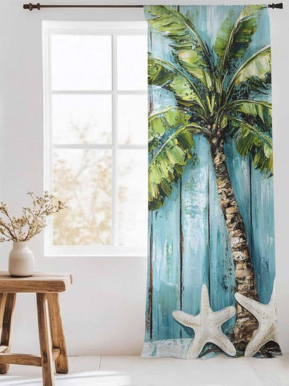 Sheer Curtains 96 Inches Long, Coastal Beach Starfish Semi Sheer Curtains Light Filtering Window Treatment, Blue Green Tropical Palm Tree Wood Grain Privacy Voile Drapes for Living Room 52x96 Inch