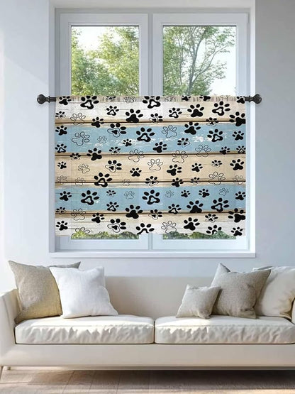 Sheer Curtains 54 Inch Length, Blue Beige Paw Print Semi Sheer Curtains Light Filtering Window Treatment, Vintage Farmhouse Rustic Wooden Grain Privacy Voile Drapes for Living Room Bedroom 52x54 Inch