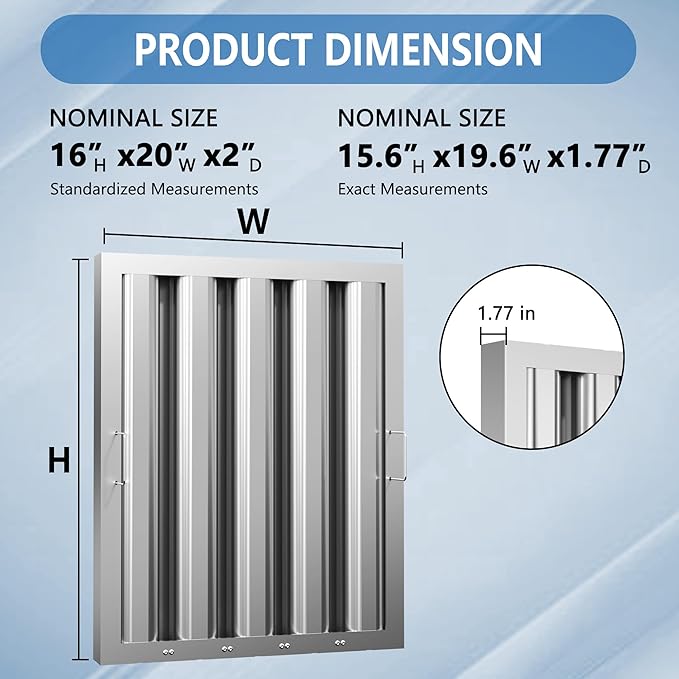 Stainless Steel Commercial Kitchen Hood Filter 19.5 W x 15.5 H Inch Range Hood Baffle for Grease Rated Commercial Kitchen Exhaust Hood 4 Grooves Hood Filter (5 Pack)