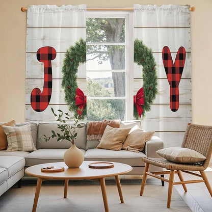 Christmas Wreaths Window Curtains 72 Inch Long 2 Panel Set,Rod Pocket Long Curtains & Drapes,Winter Bow Plaid Farmhouse Wooden Grain Window Treatment for Bedroom Living Room 52"W x 72"L