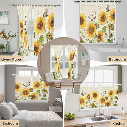 Farm Sunflowers Living Room Curtains 84 Inch Length, Window Curtains Tab Top, Retro Flowers Butterfly Botanical Beige Light Filtering Window Treatments Drapes 52"x84" 2 Panel