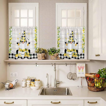 Lemon Gnomes Kitchen Curtains Set 3 Piece for Windows, Rod Pocket Valance and Tier Set 24 Inch Length, Summer Botanical Fruit Wooden Grain Plaid Light Filtering Cafe Curtains for Living Room Bathroom