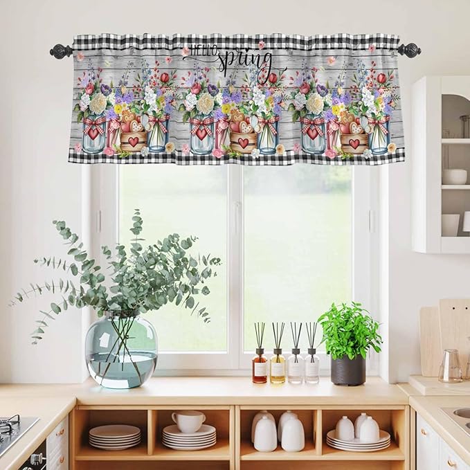 Kitchen Curtains Tiers and Valance Set of 3, Spring Flowers Light Filtering Window Curtain Set, Farmhouse Black Plaid Wood Grain Rod Pocket Curtain Drapes for Cafe, Living Room, 36 Inches Tiers