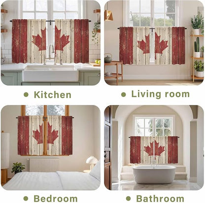 Canada Kitchen Curtains, Red Maple Leaf Flag Vintage Farmhouse Wooden Grain Light Filtering Window Curtain Panels, 2Pcs Rod Pocket Window Treatments Set for Cabin Bathroom Bedroom 52x45 Inches
