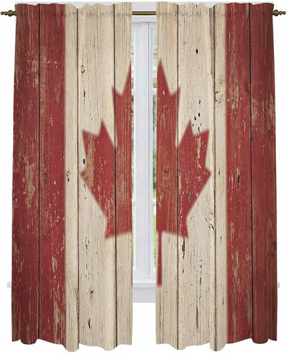 Canada Kitchen Curtains, Red Maple Leaf Flag Vintage Farmhouse Wooden Grain Light Filtering Window Curtain Panels, 2Pcs Rod Pocket Window Treatments Set for Living Room Bathroom Bedroom 52x72 Inches