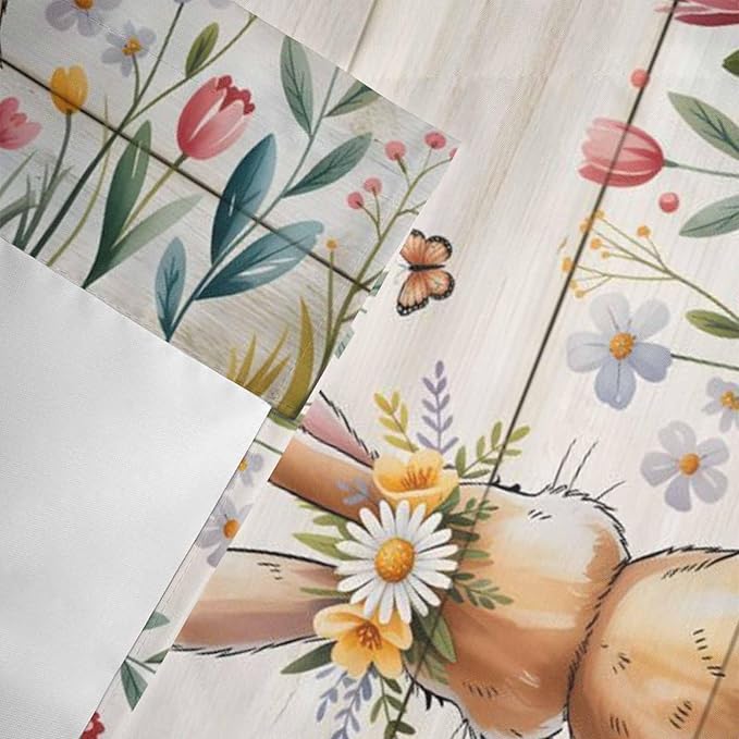 Easter Curtain Valances for Windows, Kitchen Valance Window Treatment, Spring Bunny Butterfly Botanical Wooden Grain Light Filtering Block Curtains for Bathroom/Bedroom/Living Room 54'' x 18''