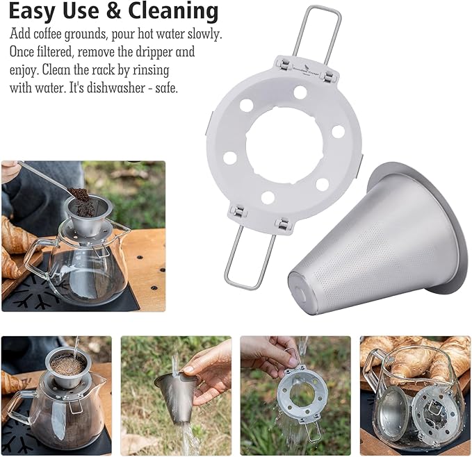 iBasingo Titanium Coffee Filter Pour Over Coffee Dripper with Foldable Holder Metal Cone Filter Paperless Reusable Portable for Home, Work, Outdoor Travel, Camping Ti6004P