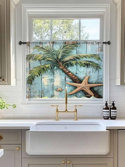 Sheer Curtains 54 Inch Length, Coastal Blue Green Tree Semi Sheer Curtains Light Filtering Window Treatment, Beach Tropical Vintage Wood Grain Privacy Voile Drapes for Living Room Bedroom 52x54 Inch