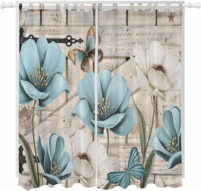 Teal Blue Tulips Living Room Curtains 96 Inch Length, Window Curtains Tab Top, Spring Floral Barn Doors Vintage Wood Beige Light Filtering Window Treatments Drapes 52"x96" 2 Panel