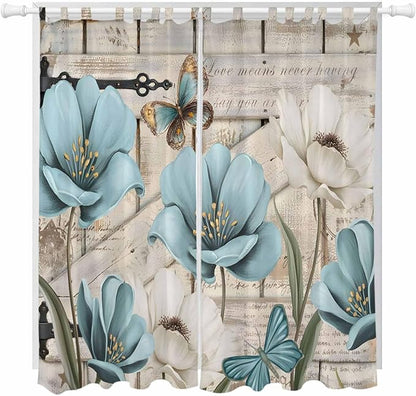 Teal Blue Tulips Living Room Curtains 96 Inch Length, Window Curtains Tab Top, Spring Floral Barn Doors Vintage Wood Beige Light Filtering Window Treatments Drapes 52"x96" 2 Panel