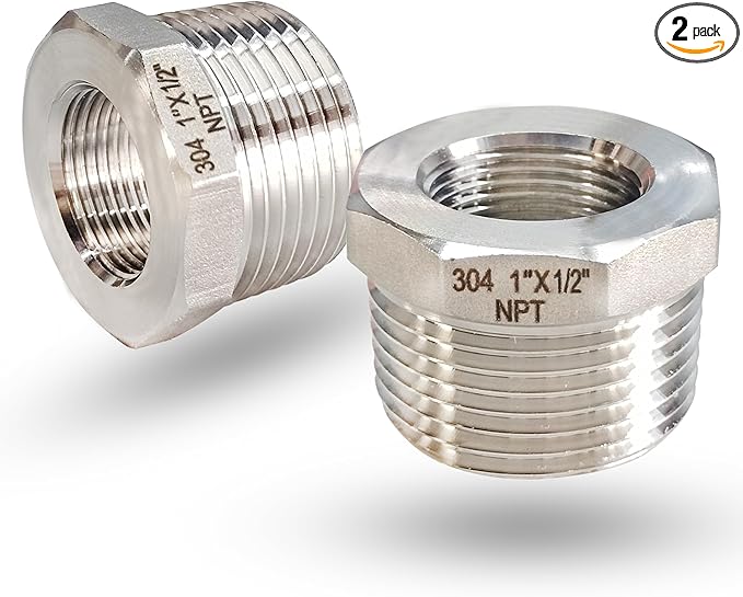 1" Male to 1/2" NPT Female Hex Bushing Reducer, 304 Stainless Steel NPT Reducing Adapter Pipe Fitting, Heavy Duty Pipe Hex Bushing for Reducing Pipe (1” MNPT x 1/2” FNPT)