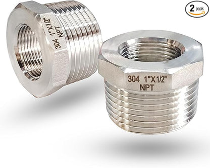 1" Male to 1/2" NPT Female Hex Bushing Reducer, 304 Stainless Steel NPT Reducing Adapter Pipe Fitting, Heavy Duty Pipe Hex Bushing for Reducing Pipe (1” MNPT x 1/2” FNPT)