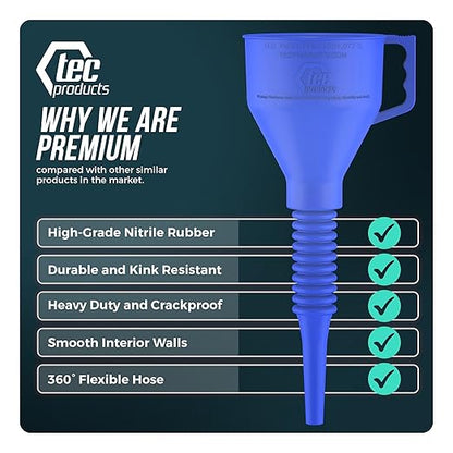 TEC Products FlexAll Long Flexible Funnels - Automotive Oil Funnel with Hose, Durable Nitrile Rubber for Oil Change, Transmission Funnel Fluid, Diesel, Fuel, Gas - Made in USA - Blue (12 x 4 Inches)