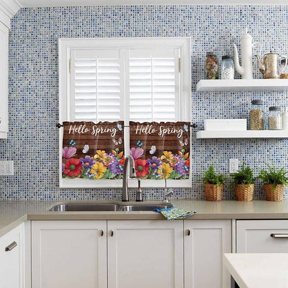 Spring Flowers Half Window Curtains 24 Inches Long, Watercolor Farmhouse Colorful Wooden Grain Window Treatment Curtain Drapes, Short Curtains Tiers for Kitchen Over Sink, 27.5"x24", 2 Panels