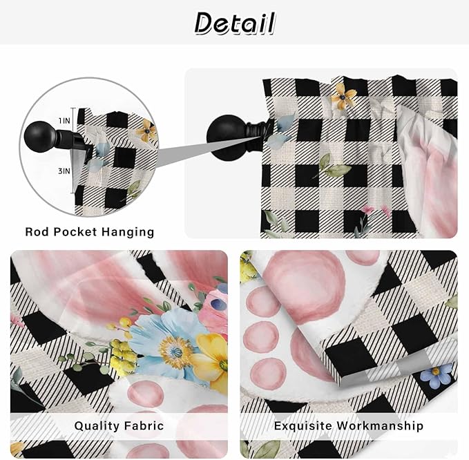 Easter Kitchen Tier Curtains 36 Inch Long 2 Panel Set,Rod Pocket Half Window Curtains Over Sink,Spring Rabbits Ears Feet Wildflowers Black Plaid Light Filtering Short Drapes Cafe 27.5"W x 36"L
