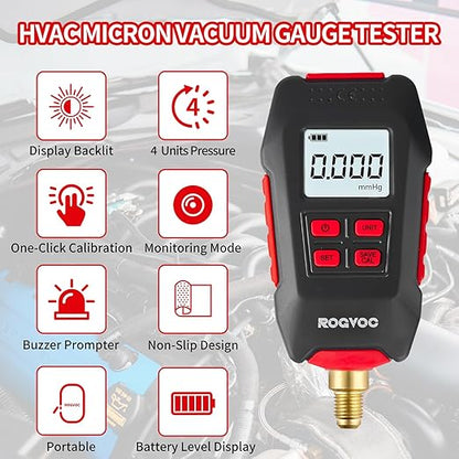 Digital Vacuum Gauge, HVAC Micron Vacuum Gauge Tester with 4 Units 7/16 inch-20 UNF, Digital Vacuum Micron Meter Set with Buzzer Alarm, 1/4 inch SAE Extension Connector Fitting