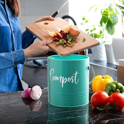 Teal Compost Bin - 1.3 Gallon Countertop Compost Bin with Lid - Rust Proof Compost Bucket - Teal Kitchen Decor