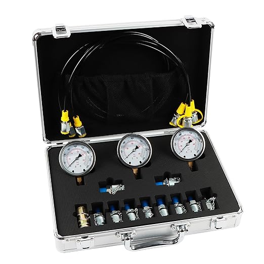 SINOCMP Hydraulic Pressure Gauge Test Kit Tractor Hydraulic Tester Set with 3 Gauges(25/40/60Mpa) 3 Hoses(64.5in) 11 Quick Connectors for Excavator Construction Machinery(Silver)