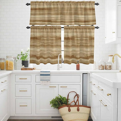 Kitchen Curtains Tiers and Valance Set of 3, Light Brown Wood Grain Light Filtering Window Curtain Set, Western Farmhouse Barn Door Rod Pocket Curtain Drapes for Cafe, Living Room, 36 Inches Tiers