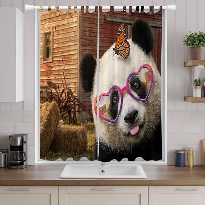 Farm Panda Living Room Curtains 84 Inch Length, Window Curtains Tab Top, Farmhouse Barn Funny Animals Butterfly Light Filtering Window Treatments Drapes 52"x84" 2 Panel