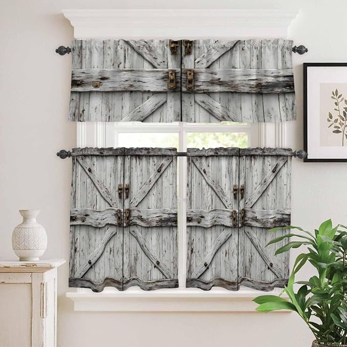 Kitchen Curtains Tiers and Valance Set of 3, Vintage Gate Light Filtering Window Curtain Set, Farmhouse Wooden Grain Shabby Chic Door Rod Pocket Curtain Drapes for Cafe, Living Room, 36 Inches Tiers