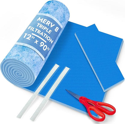 NORTHWEST ENTERPRISES Cut to Size Floor Vent Air Filters for home - MERV 8 Electrostatic Cut to Fit Air Filter Roll & Adhesive Hook Tape (12" x 90" Triple Filtration)
