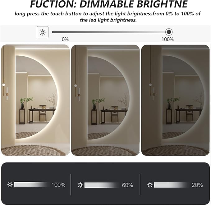 LED Bathroom Mirror with LED Lights, Wall Mounted Bathroom Mirror with Demister Pad and Touch Sensor Switch, Semicircle Illuminated Bathroom Mirror, 3-Color Dimmable(Left,13.8 * 27.6in/35 * 70cm)