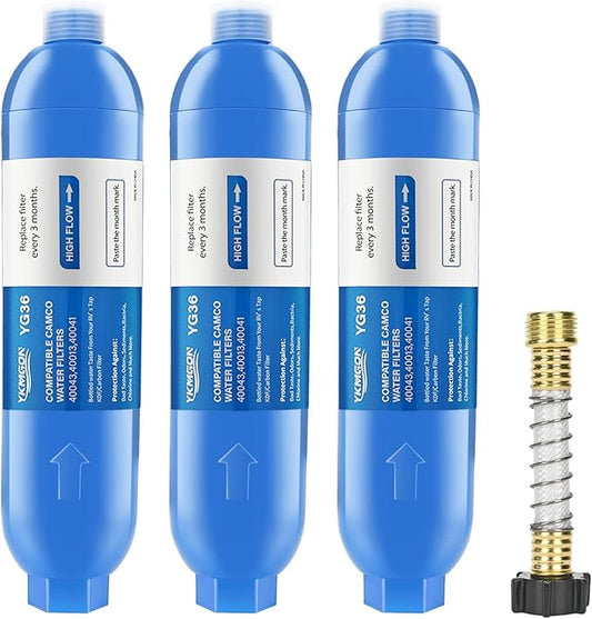 RV Inline/Marine Water Filter With Flexible Hose Protector, Reduce Bad Taste, Odors, Rust, Fluoride, Chlorine and Sediment in Drinking Water (3 Pack)