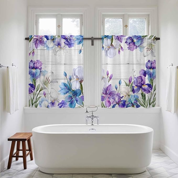 Spring Flowers Kitchen Curtains, Watercolor Garden Florals Wooden Grain Light Filtering Window Curtain Panels, 2Pcs Rod Pocket Window Treatments Set for Study Room Bathroom Bedroom 52x54 Inches