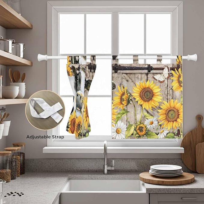 Retro Farmhouse Flower Kitchen Curtains 36 Inch Length, Small Window Curtains Tab Top, Yellow Sunflowers Cow Barn Doors Brown Light Filtering Short Window Treatments Tier Drapes 27.5"x36" 2 Panel